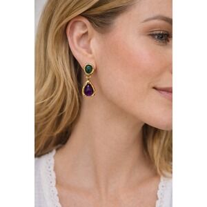 Ellen Designs Double Teardrop Purple & Green Cabochon Clip Earrings Vintage